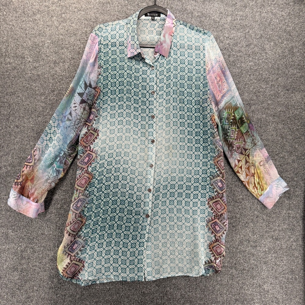 Sisters Shirt Womens M Geometric Button Up Sheer Tunic Long Sleeve Coastal Boho